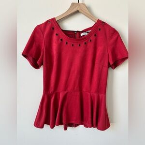 WD.NY Red Faux Suede Peplum Top Grommet Neckline Exposed Zip Size S